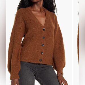 Leith Brown V-Neck Button-Up Sweater